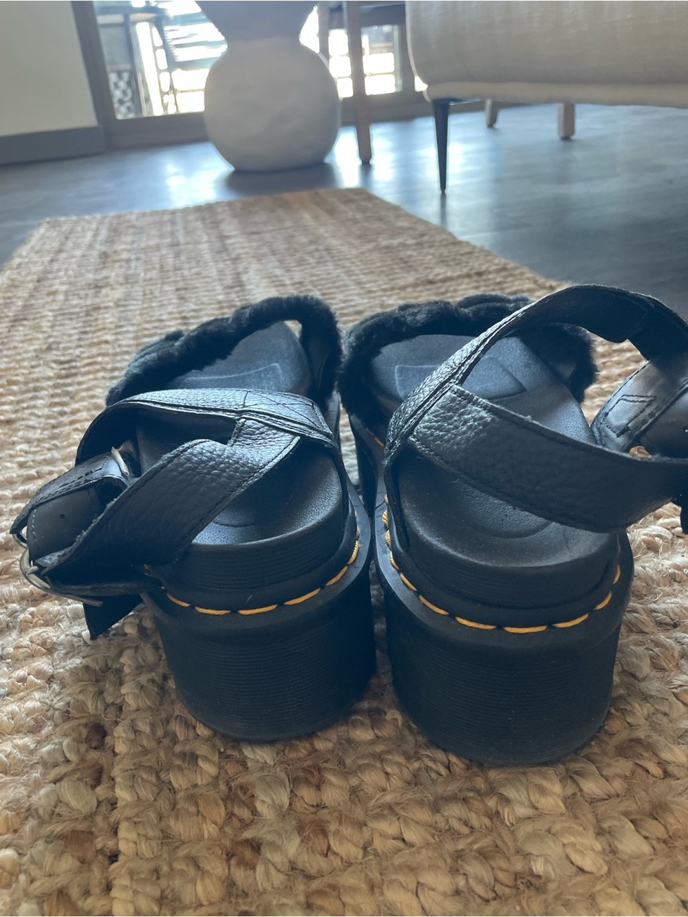 Dr. Martens Black Furry Platform Sandals with Yellow Stitching - Picture 8 of 10